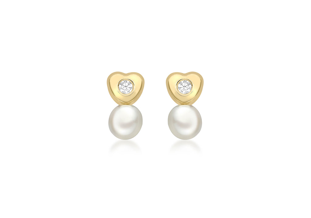 9ct Yellow Gold Zirconia  and Pearl Heart Stud Earrings