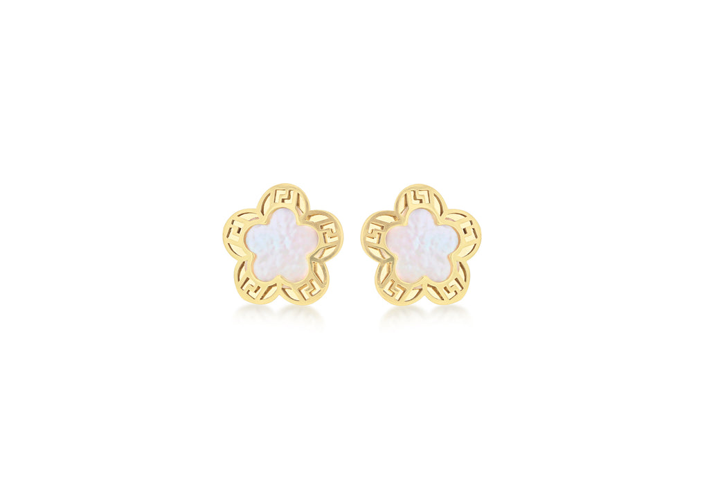 9ct Yellow Gold Mother of Pearl 8.8mm x 8.5mm Greian Key Flower Stud Earrings