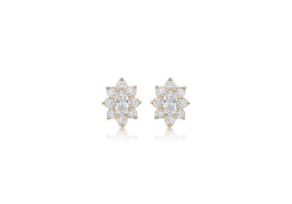 9ct Yellow Gold Zirconia  8mm x 10mm Flower Cluster Stud Earrings