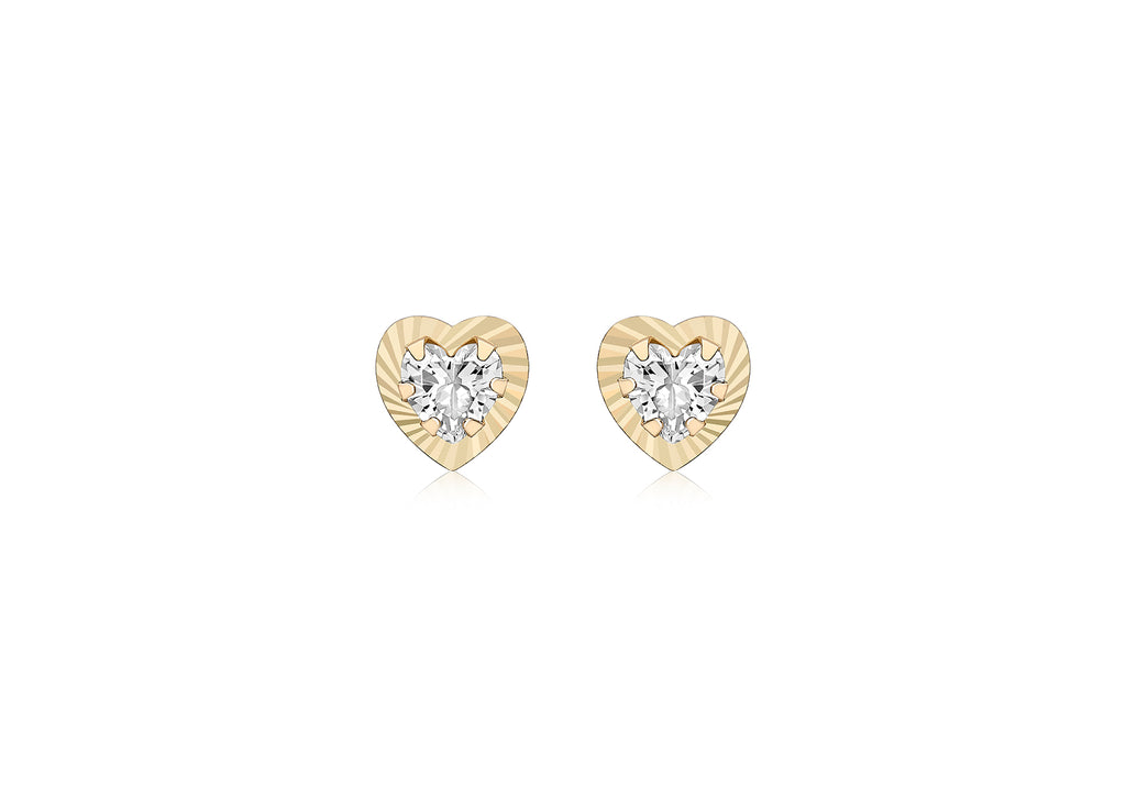 9ct Yellow Gold Zirconia  7.5mm x 7.6mm Diamond Cut Heart Stud Earrings