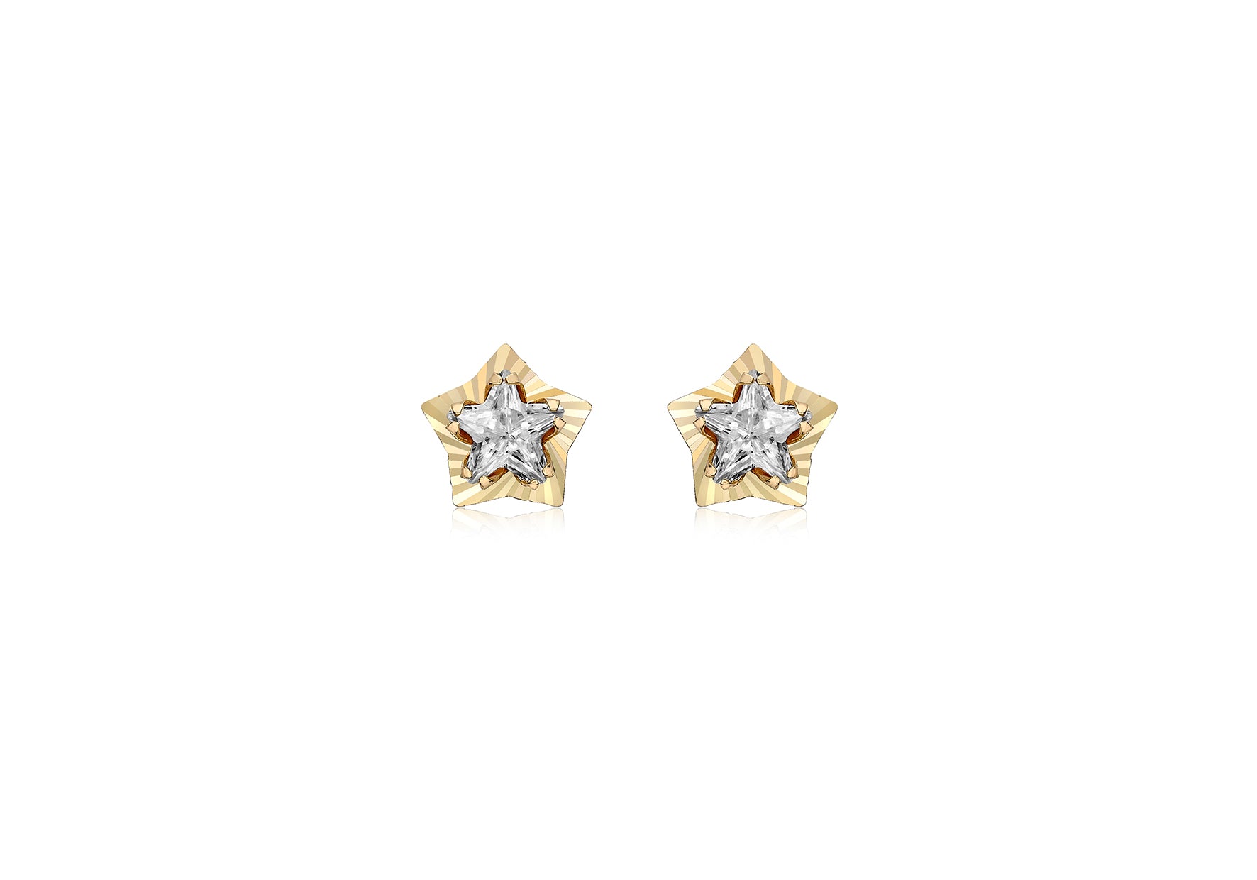 9ct Yellow Gold Zirconia  7.4mm x 7.1mm Diamond Cut Star Stud Earrings