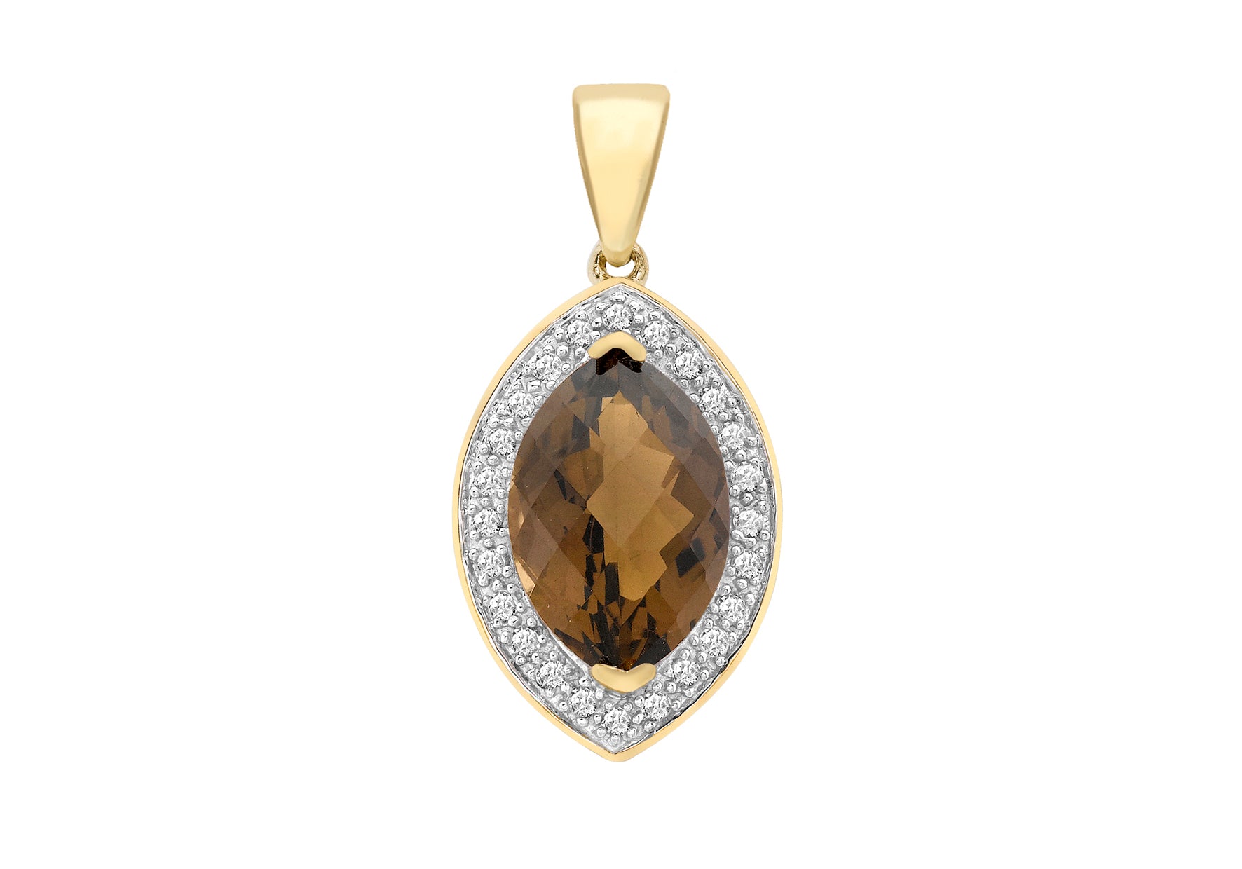 9ct Yellow Gold 0.15ct Diamond and Smokey Quartz Marquise Pendant