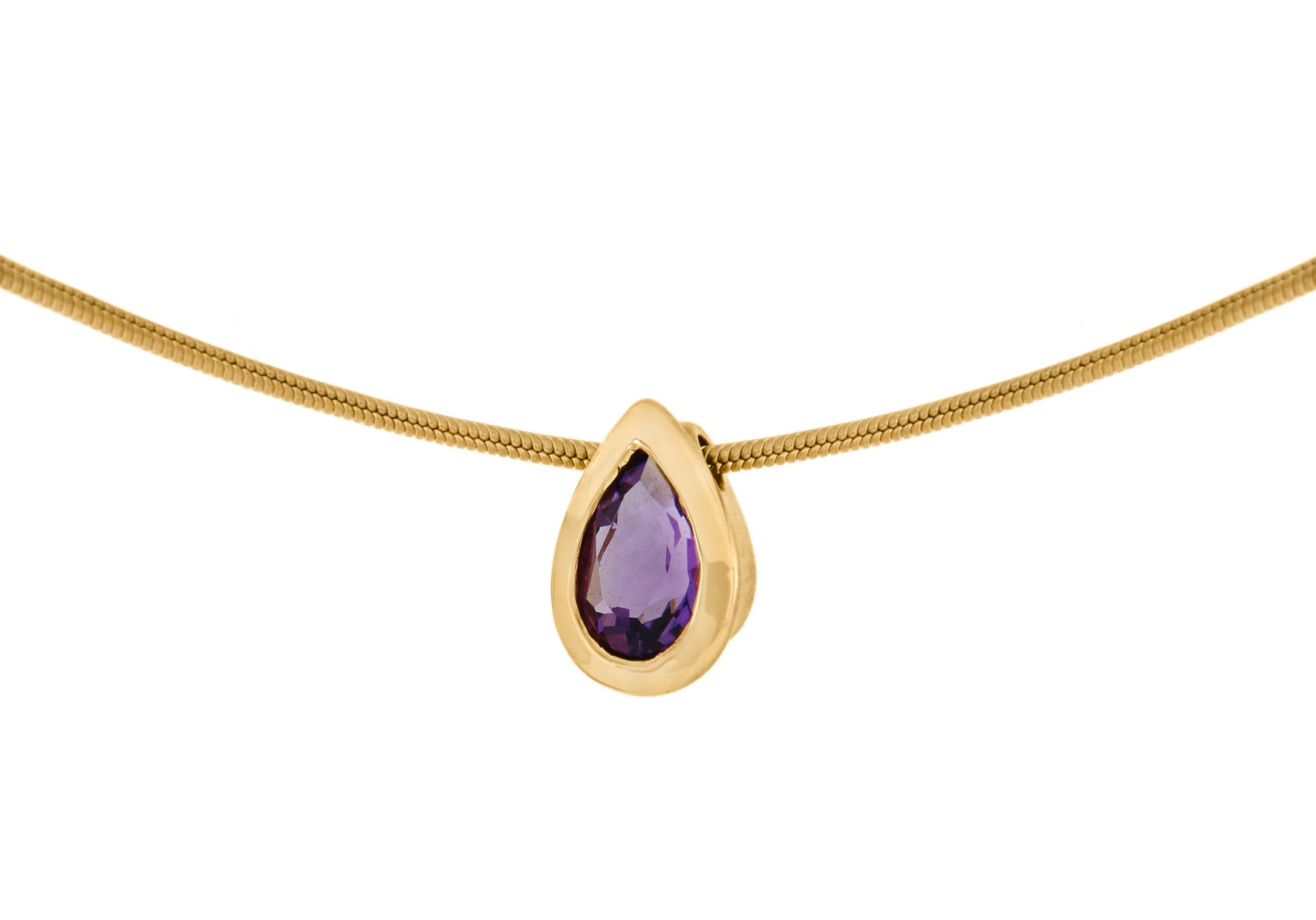 9ct Yellow Gold Amethyst Teardrop Pendant on Snake Chain Necklace  41m/16"9
