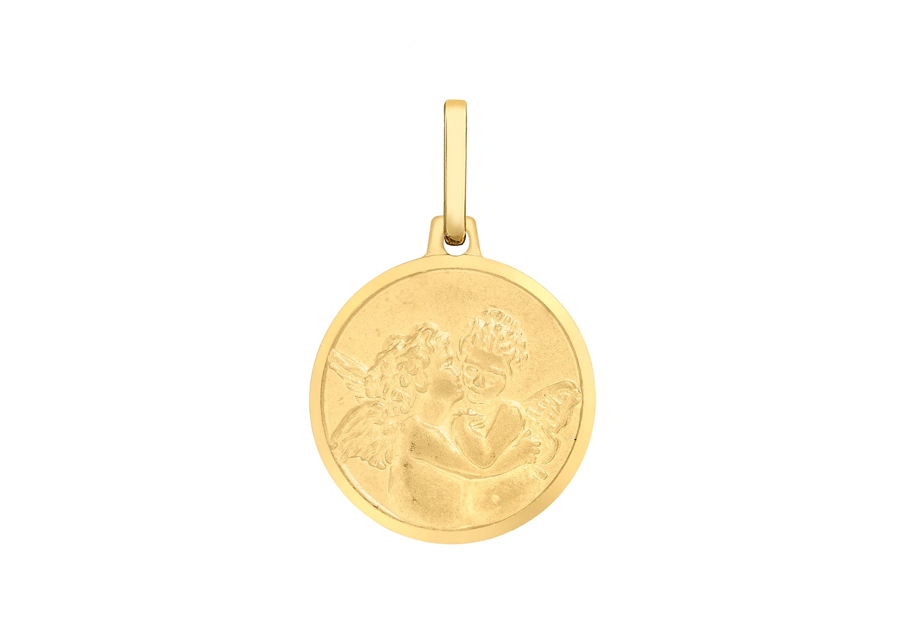 9ct Yellow Gold 15mm Kissing Angels Round Medal Satin Pendant