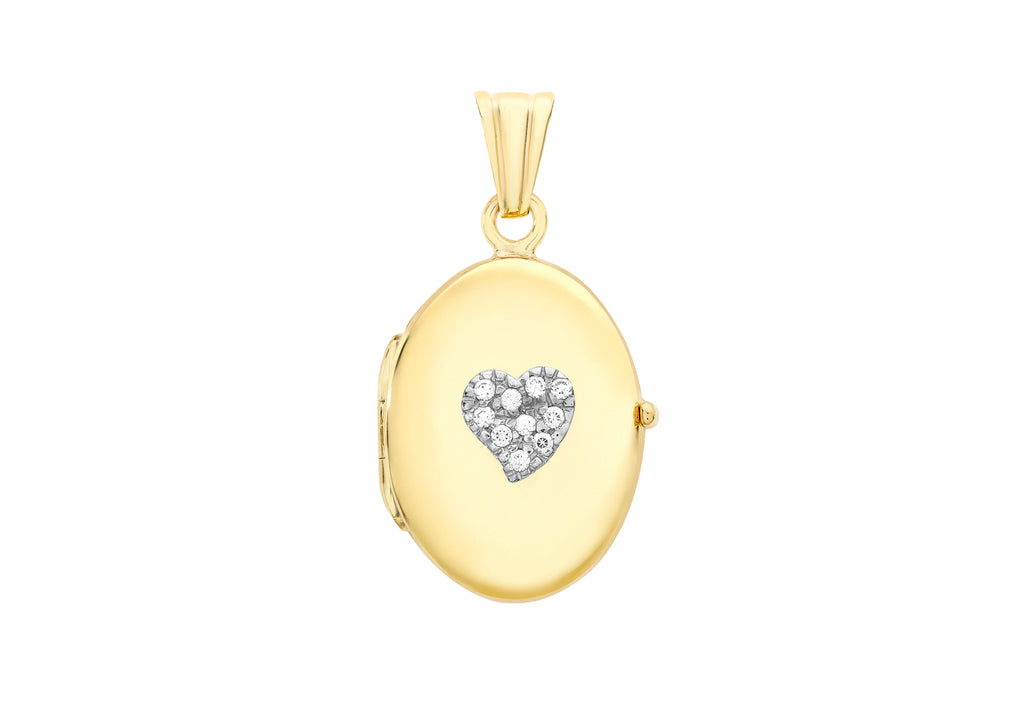 9ct Yellow Gold Zirconia  16mm x 24mm Heart-Detail Oval Locket Pendant