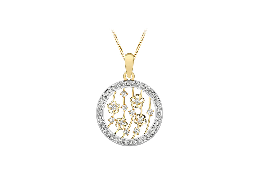 9ct Yellow Gold Zirconia  16.8mm Disc & Flowers Pendant
