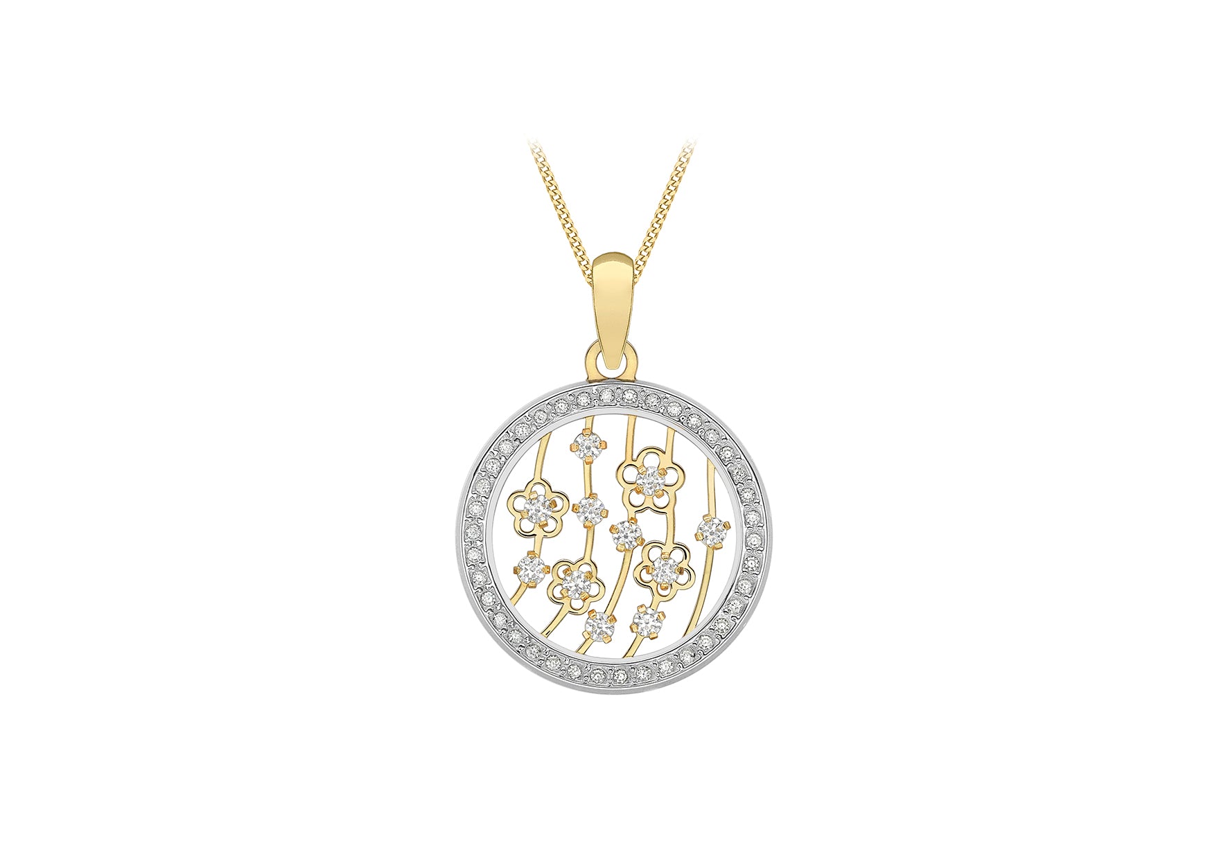 9ct Yellow Gold Zirconia  16.8mm Disc & Flowers Pendant
