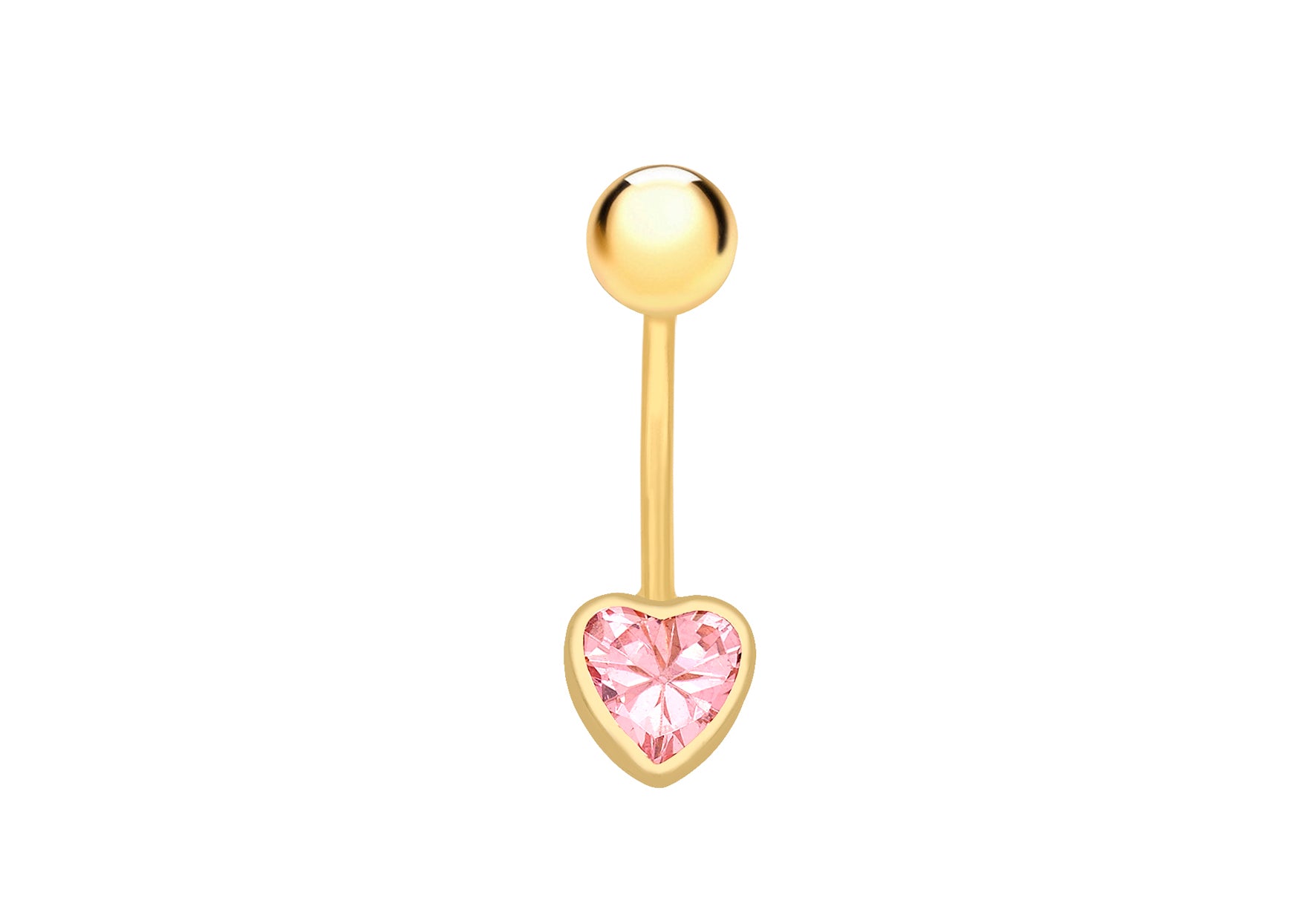 9ct Yellow Gold Pink Zirconia  6mm x 21mm Heart Belly Bar9