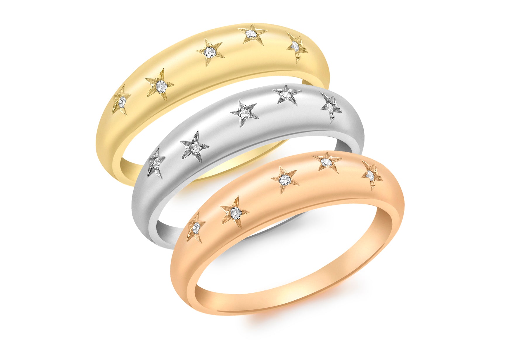 9ct 3-Colour Gold 0.10ct Diamond Set Star Band Ring Set9