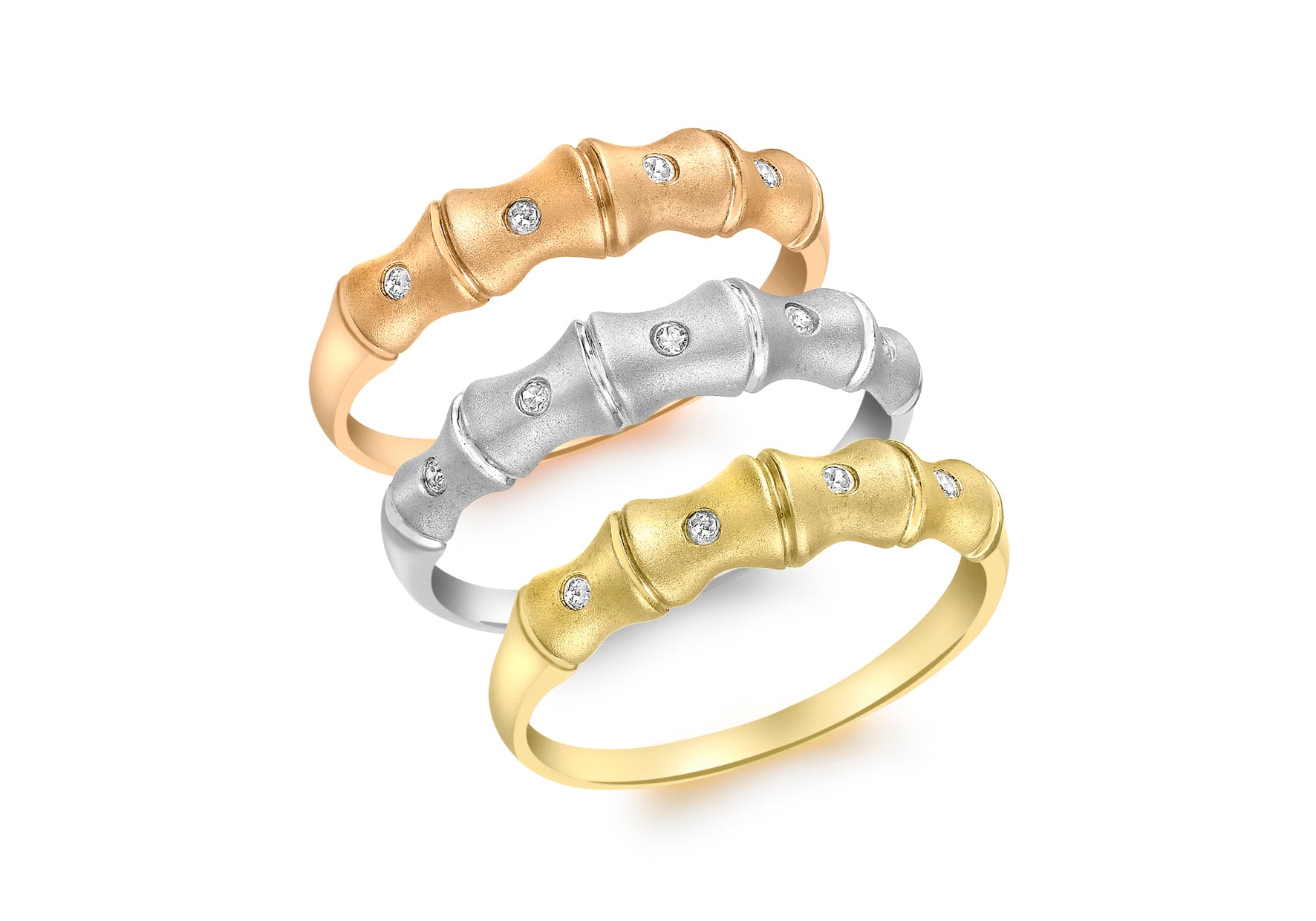 9ct 3-Colour Gold 0.09ct Diamond Bamboo Ring Set9