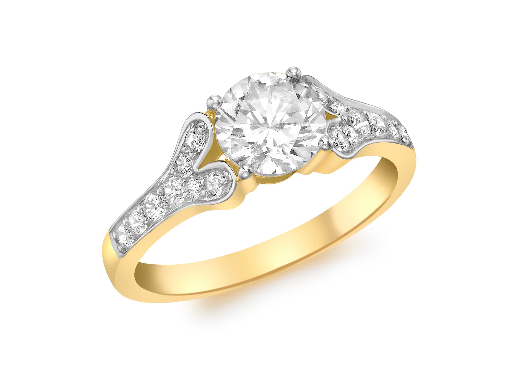 9ct Yellow Gold Solitaire Zirconia  and Zirconia  Shoulder Ring
