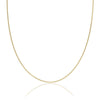 A delicate yellow gold chain necklace displayed in a U-shape against a solid white background, with a faint reflection visible below.