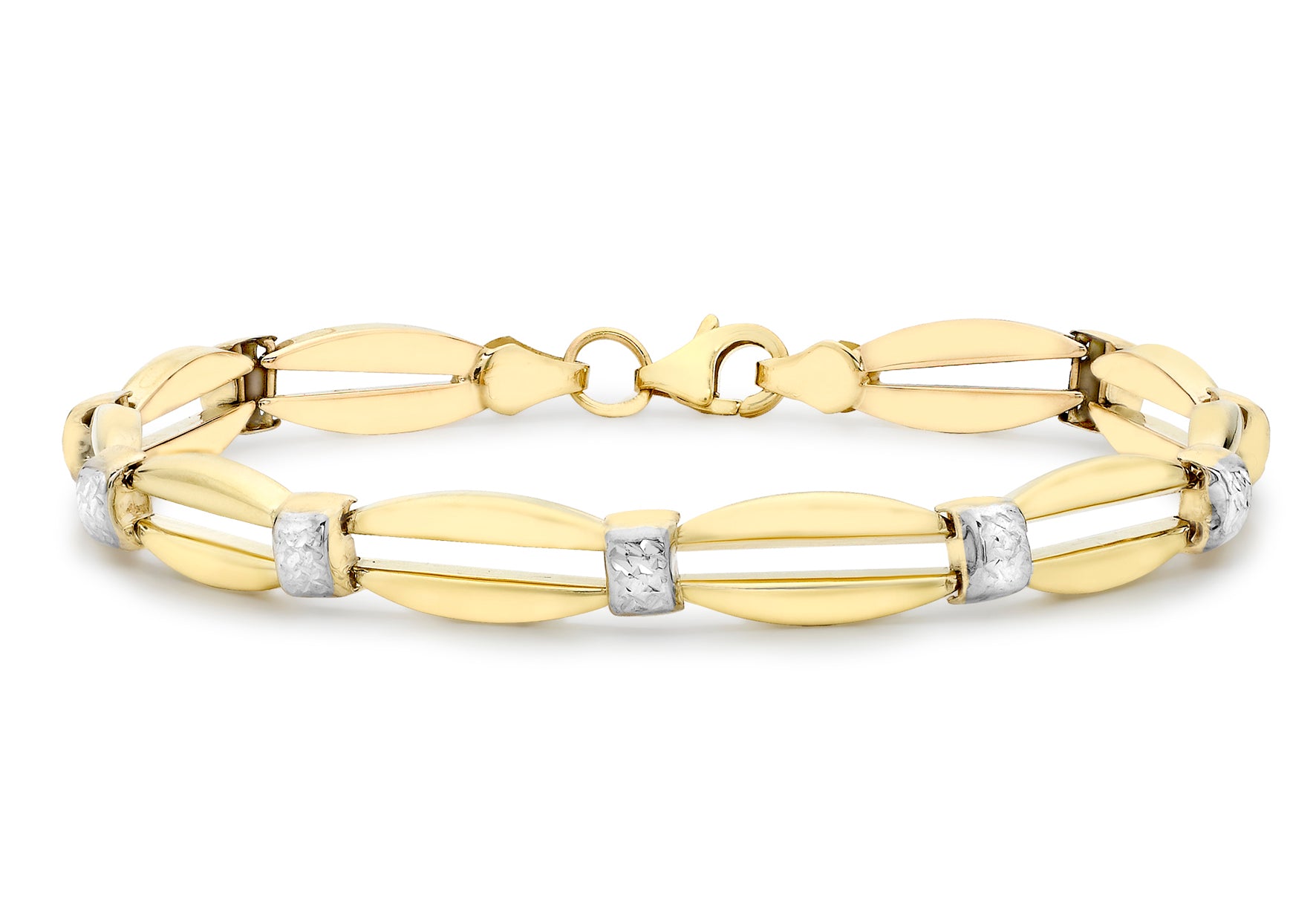 9ct 2-Colour Gold Diamond Cut Oval Bar Link Bracelet 19m/7.5"9