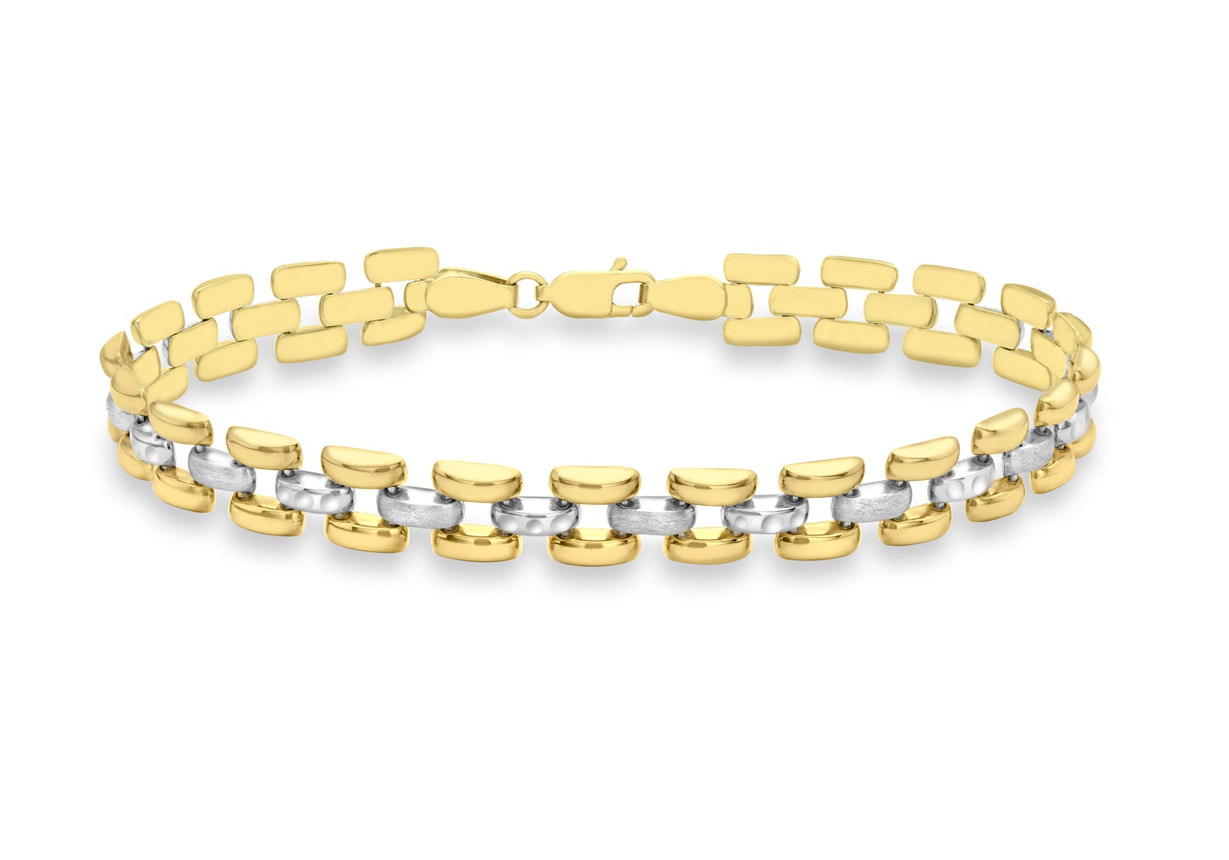 9ct 2-Colour Gold Diamond Cut and Satin Polished Brick Link Bracelet 20m/8"9