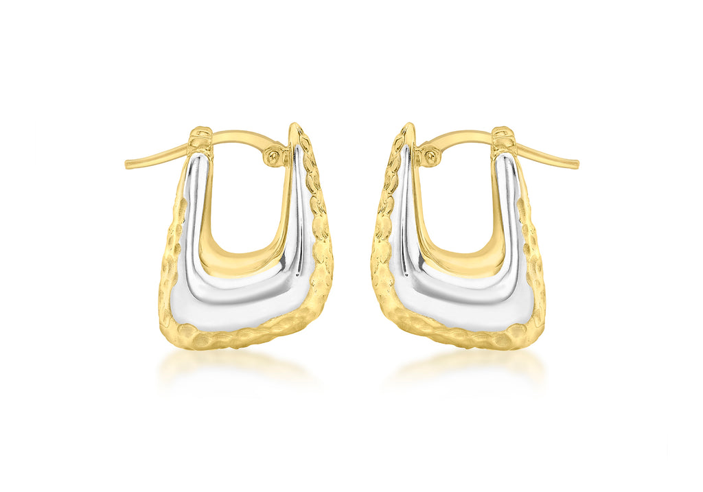 9ct 2-Tone Gold Textured Retangle Eletroform Hoop Earrings