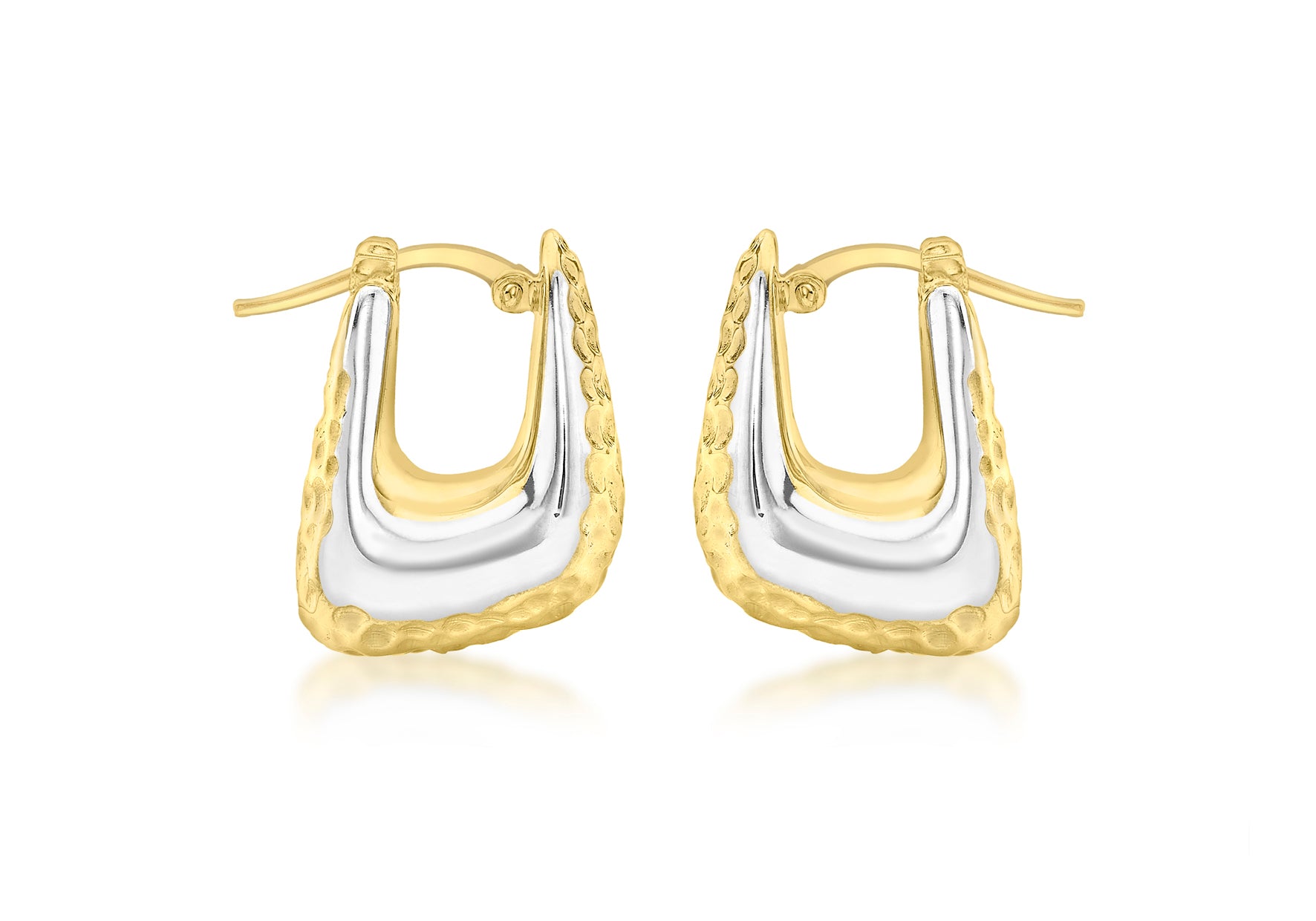 9ct 2-Tone Gold Textured Retangle Eletroform Hoop Earrings