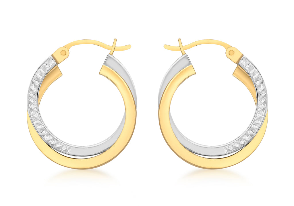 9ct 2-Colour Gold 20mm Diamond Cut Crossover Creole Earrings