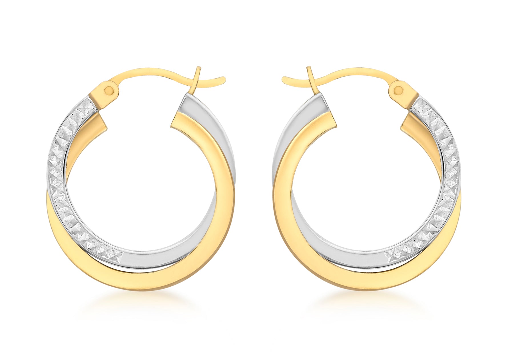9ct 2-Colour Gold 20mm Diamond Cut Crossover Creole Earrings