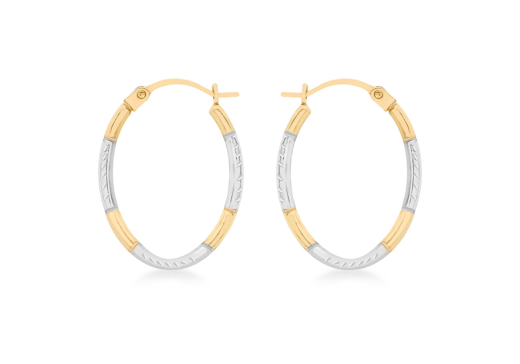 9ct 2-Colour Gold 14mm x 20mm Diamond Cut Oval Creole Earrings
