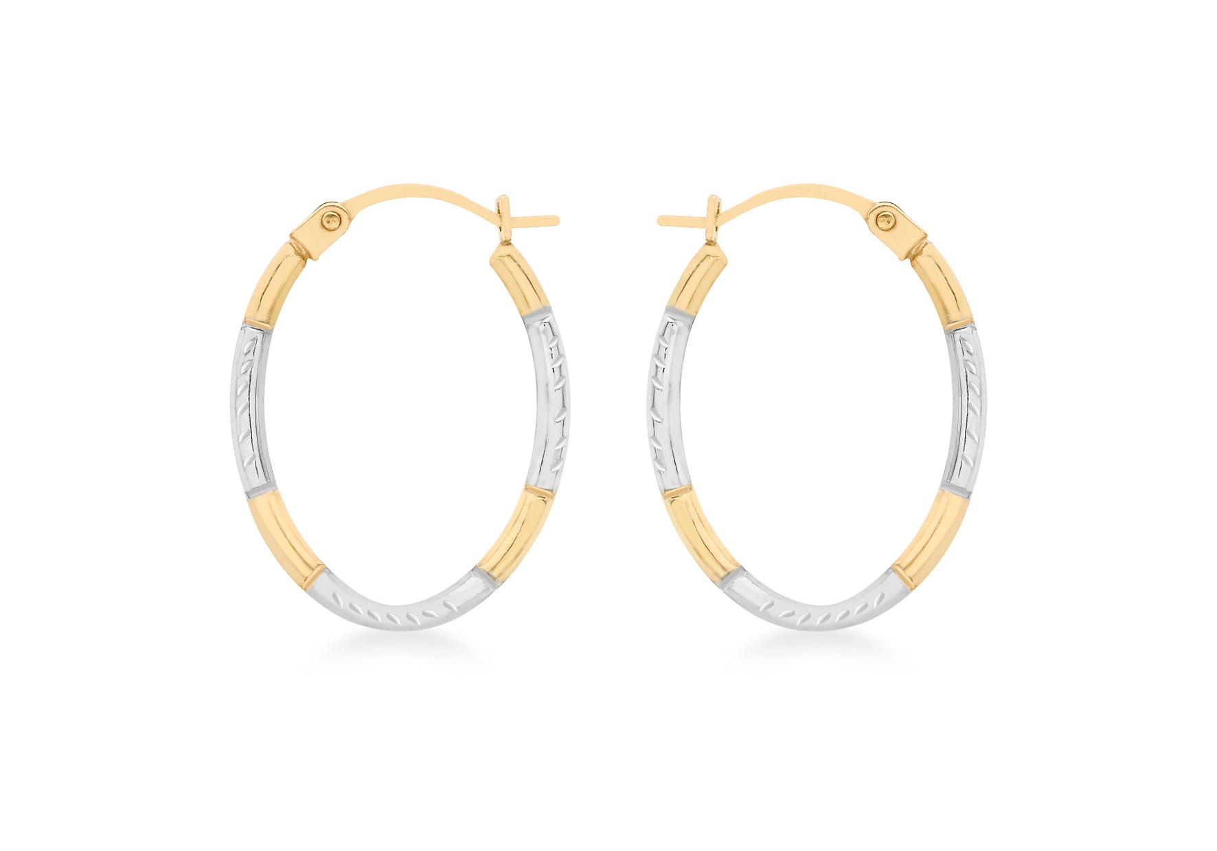 9ct 2-Colour Gold 14mm x 20mm Diamond Cut Oval Creole Earrings