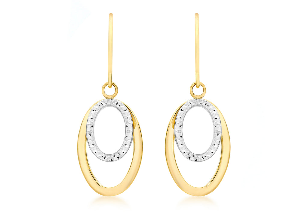 9ct 2-Colour Gold Diamond Cut Double Oval Drop Earrings