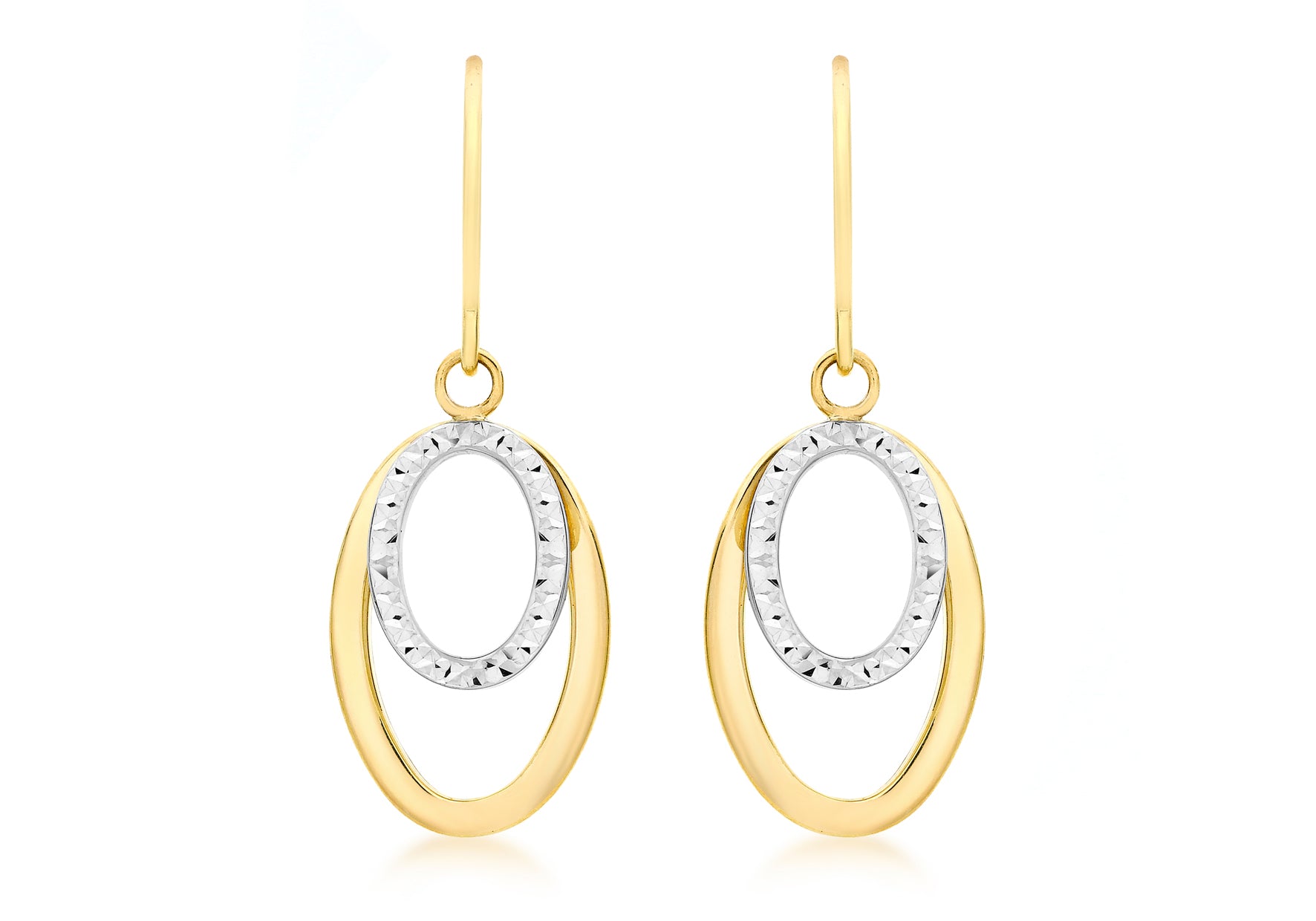 9ct 2-Colour Gold Diamond Cut Double Oval Drop Earrings