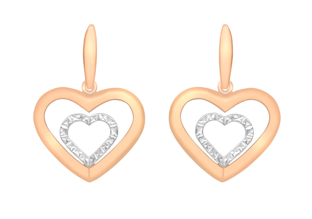9ct 2-Colour Gold Diamond Cut Double-Heart Drop Earrings