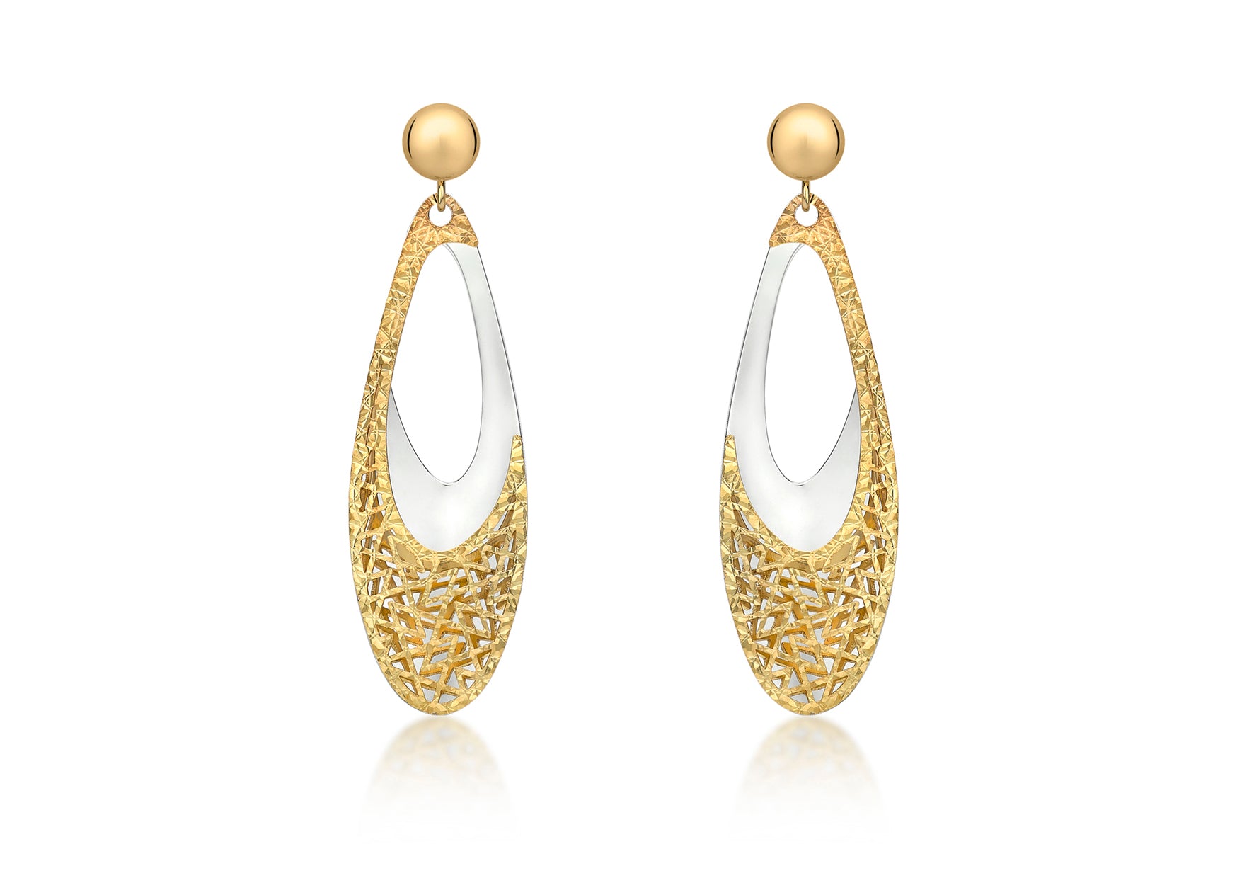 9ct 2-Colour Gold 11.5 x 40mm Oblong Teardrop Fretwork Drop Earrings
