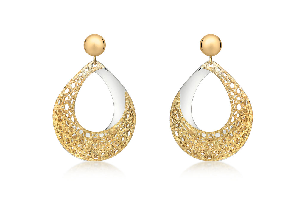 9ct 2-Colour Gold Teardrop Fretwork Drop Earrings
