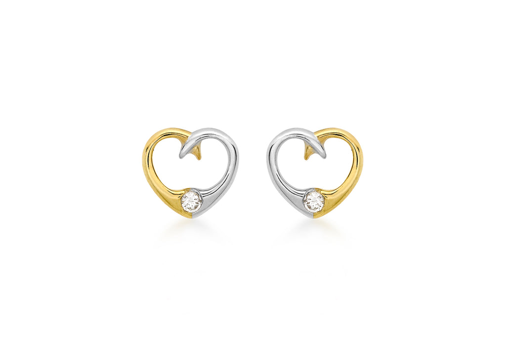 9ct 2-Colour Gold Zirconia  9mm x 8mm Heart Stud Earrings