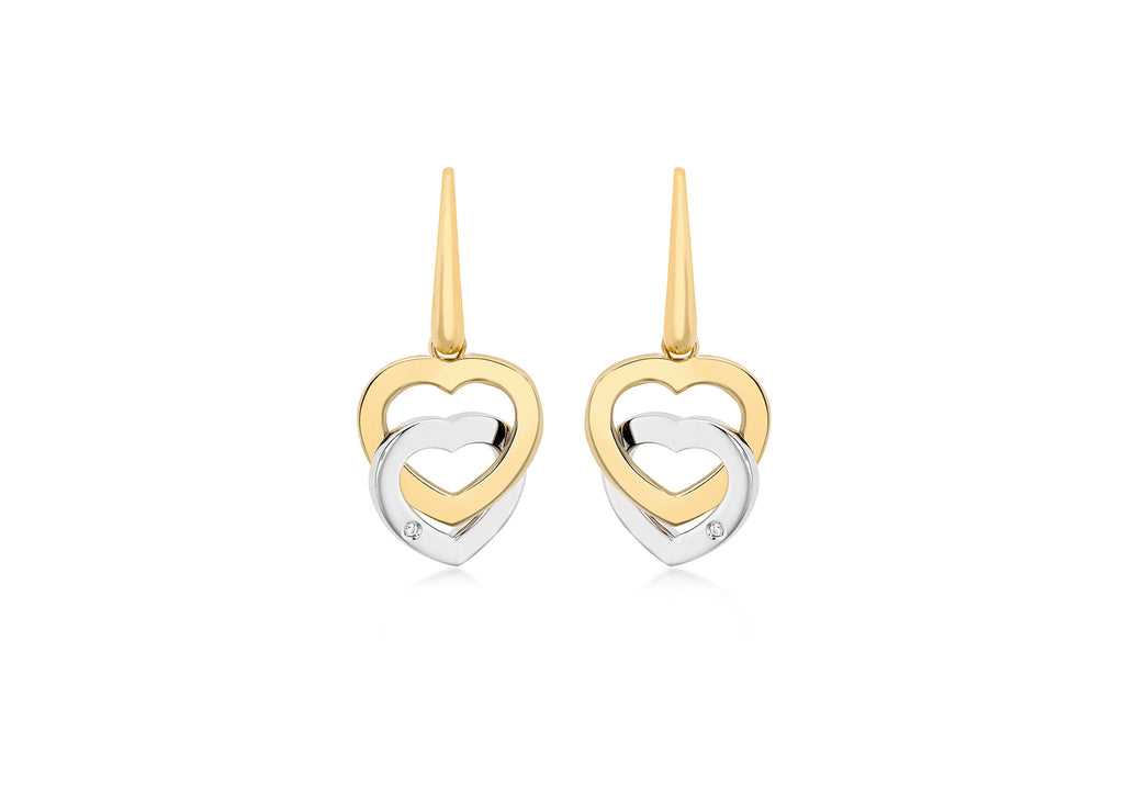 9ct 2-Colour Gold 0.02t Diamond Set Double-Heart Drop Earrings