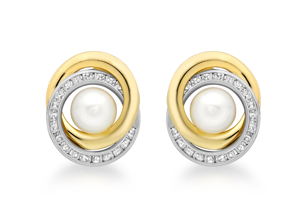 9ct 2-Colour Gold 15mm Zirconia  and Pearl Swirl Stud Earrings