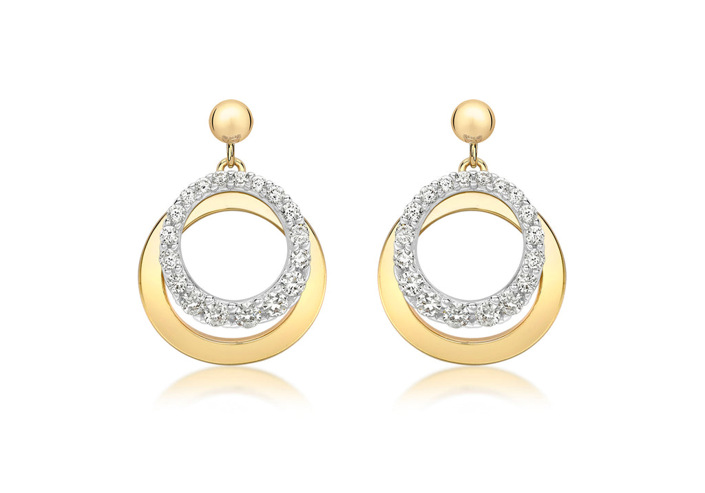 9ct 2-Colour Gold Zirconia  urved Ring and Plain urved Ring Drop Earrings