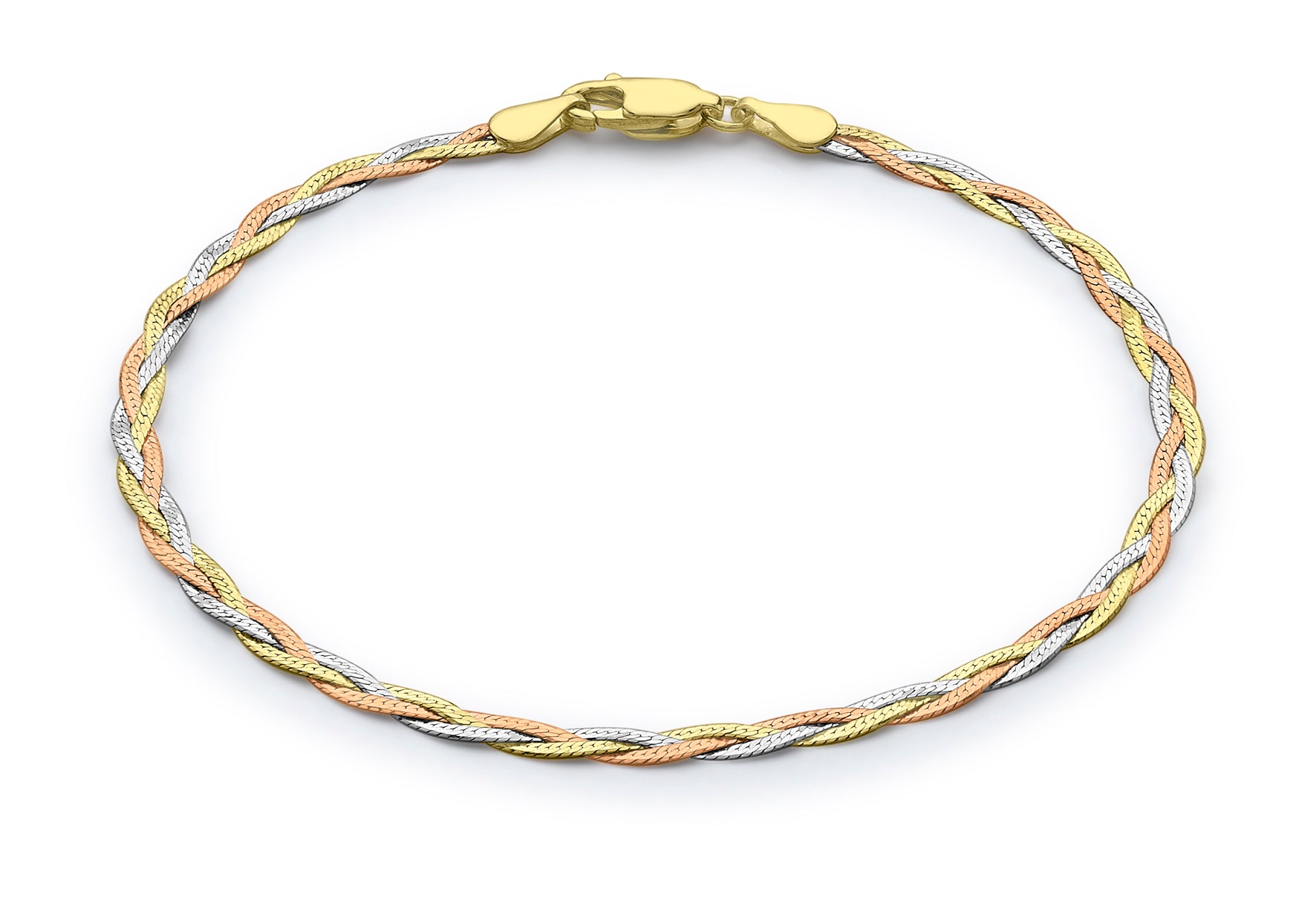 9ct 3-Colour Gold Triple-Plait Diamond Cut Herringbone Bracelet 19m/7.5"9