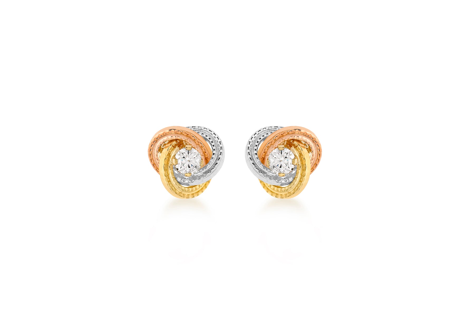 9ct 3-Colour Gold Zirconia  8mm Knot Stud Earrings