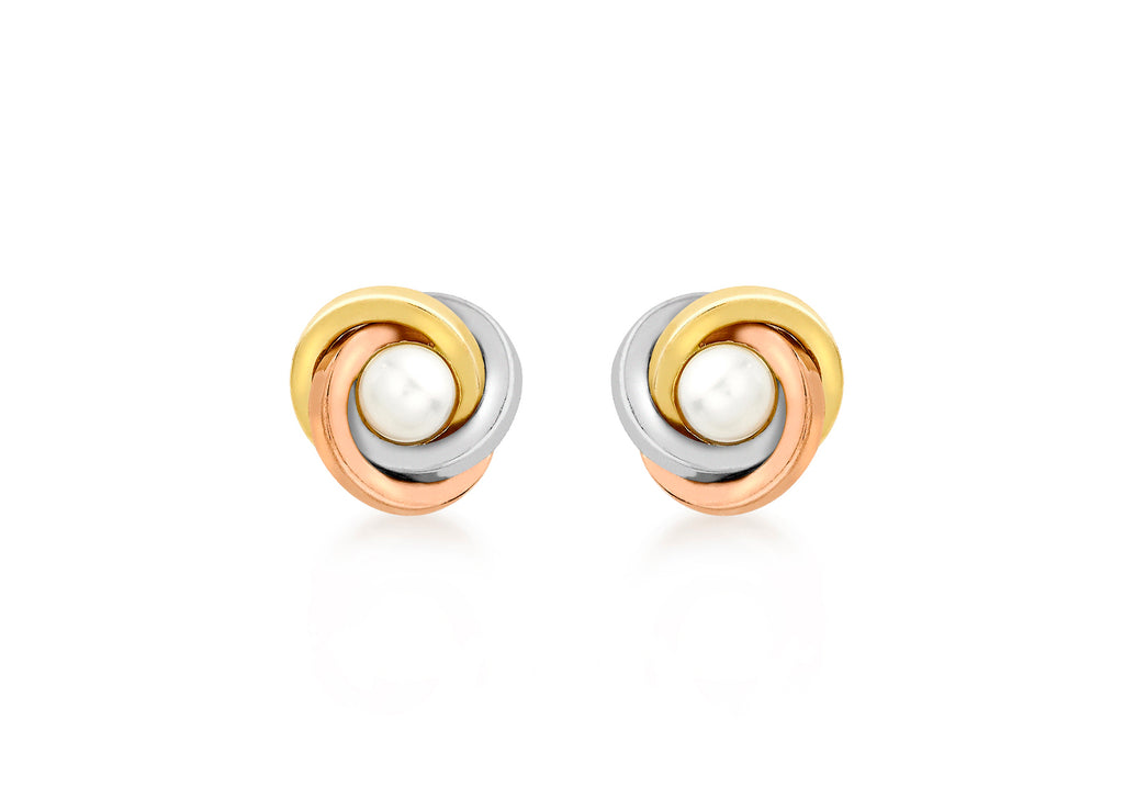 9ct 3-Colour Gold 9mm Knot and Pearl Stud Earrings