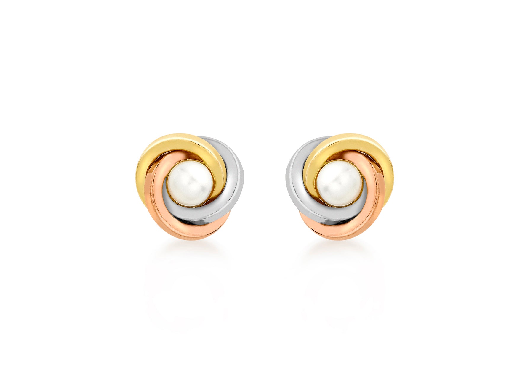 9ct 3-Colour Gold 9mm Knot and Pearl Stud Earrings