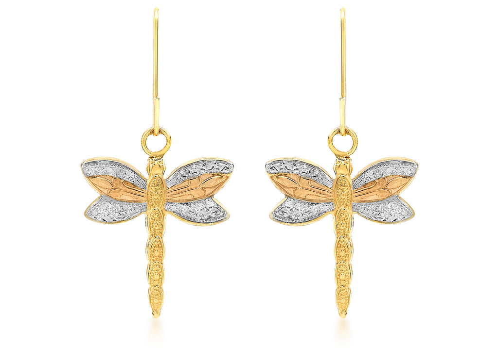 9ct 3-Colour Gold 15mm x 17mm Textured Dragonfly Drop Earrings