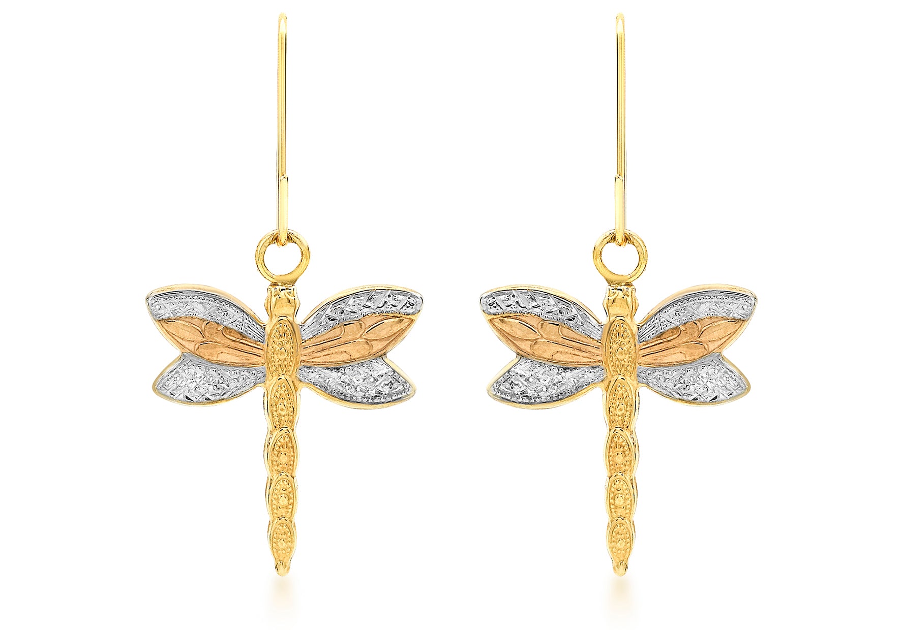 9ct 3-Colour Gold 15mm x 17mm Textured Dragonfly Drop Earrings