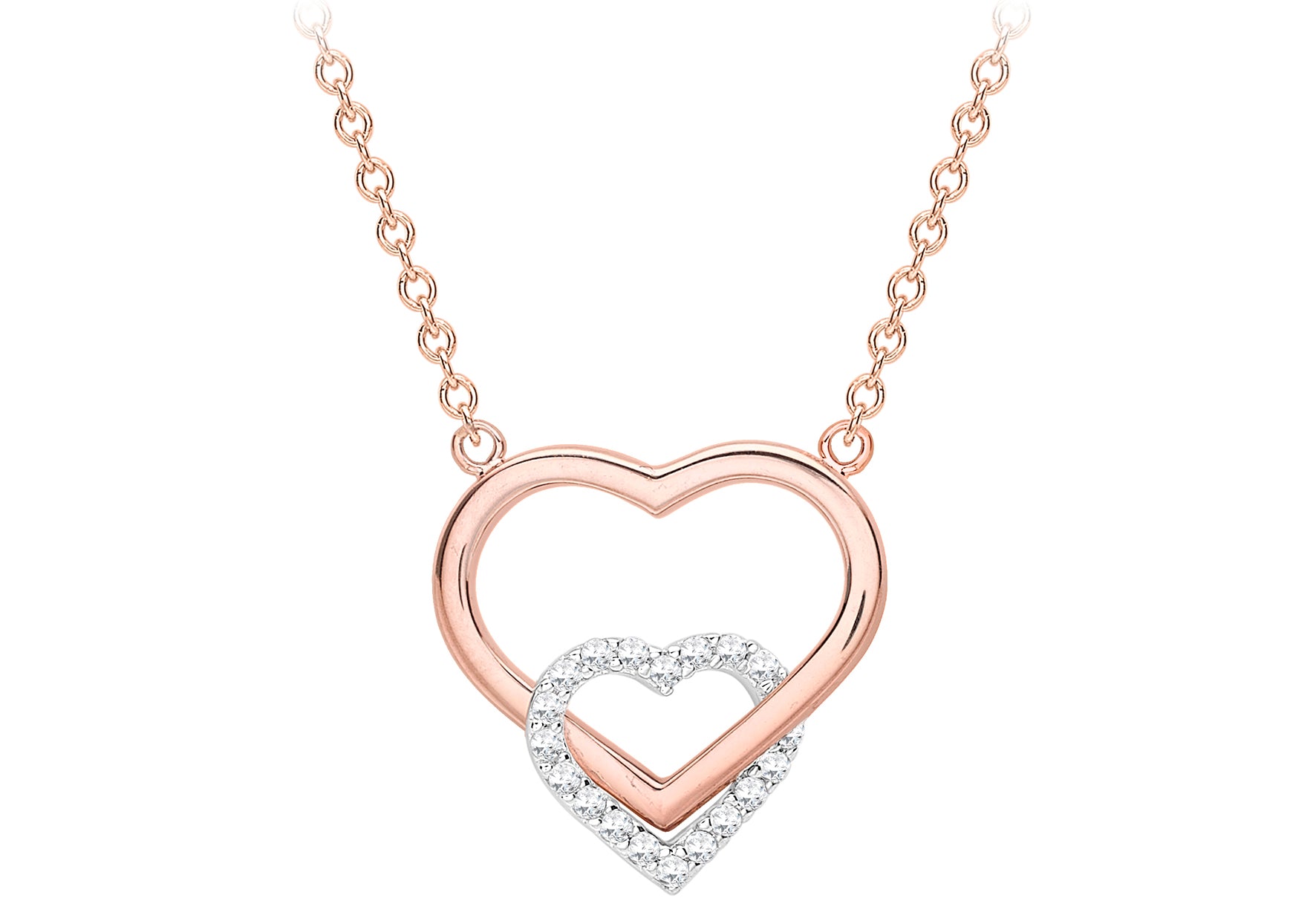 9ct Rose Gold Zirconia  14.6mm x 17mm 2-Heart Adjustable Necklace  41m/16"-46m/189