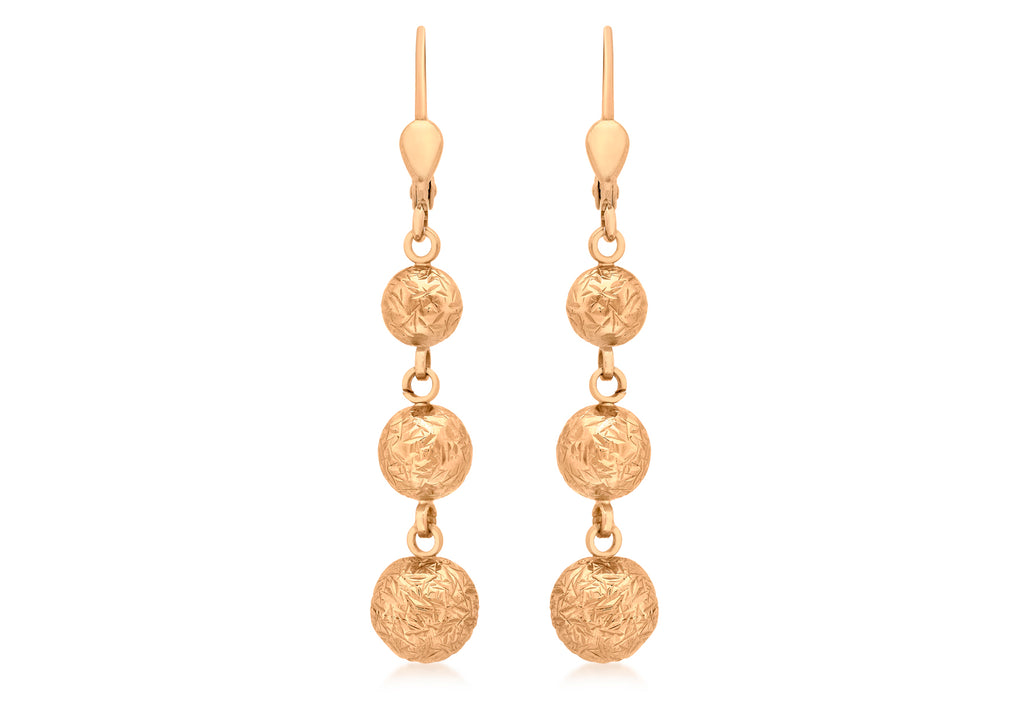 9ct Rose Gold Diamond Cut Graduated Triple Ball Drop Earrings