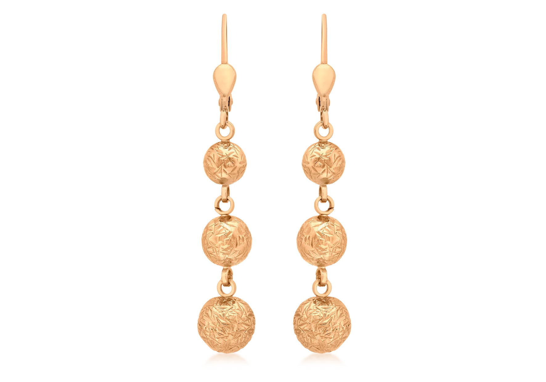 9ct Rose Gold Diamond Cut Graduated Triple Ball Drop Earrings