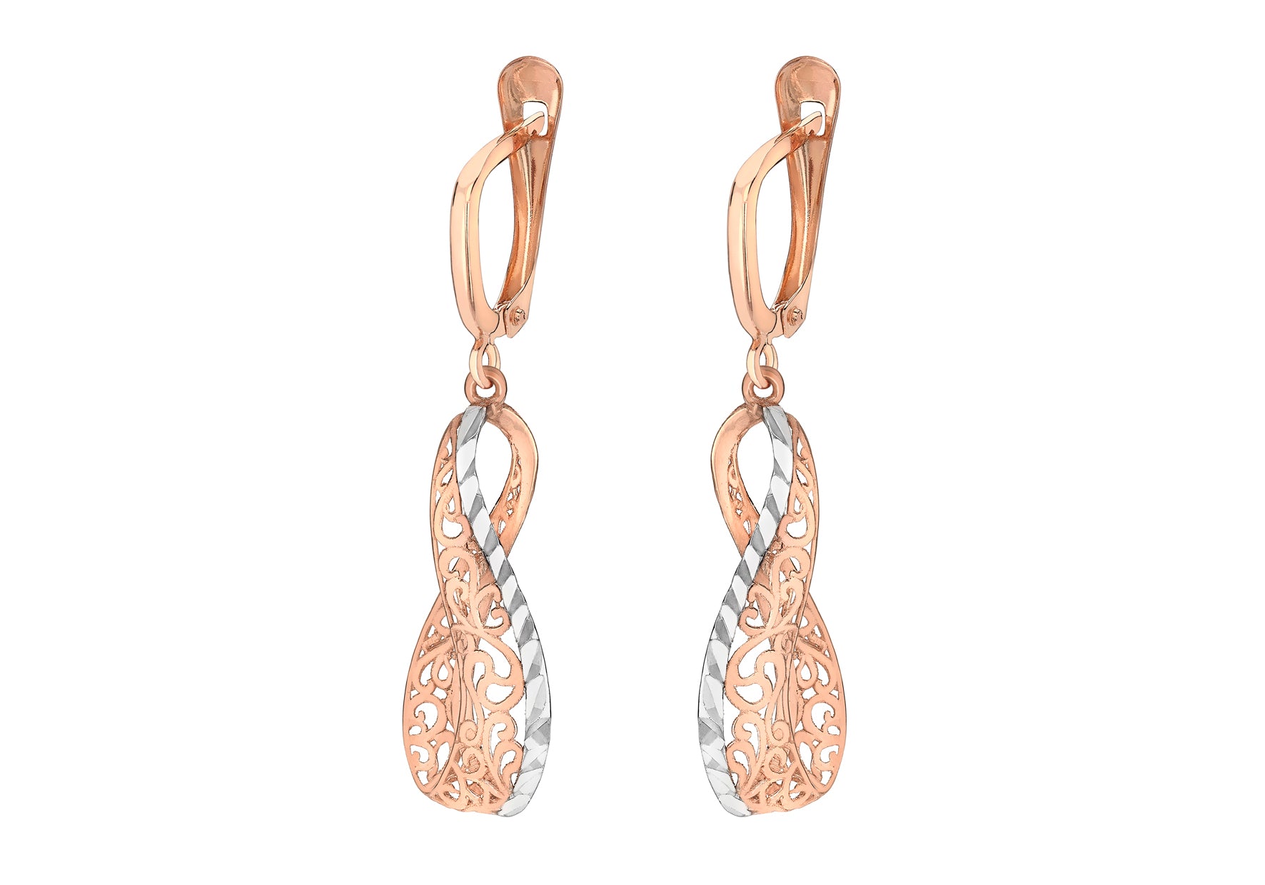 9ct 2-Tone Gold Filigree Open Twist Drop Earrings