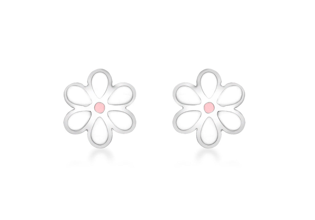 9ct White Gold Pink and White Enamel Flower Stud Earrings