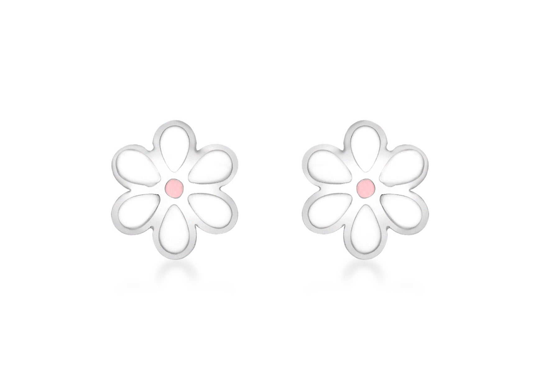 9ct White Gold Pink and White Enamel Flower Stud Earrings