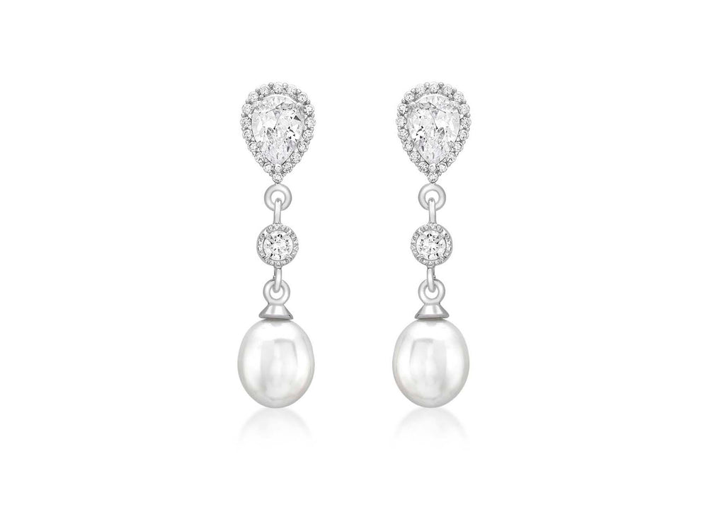 9ct White Gold Zirconia  Cluster and Pearl Drop Earrings