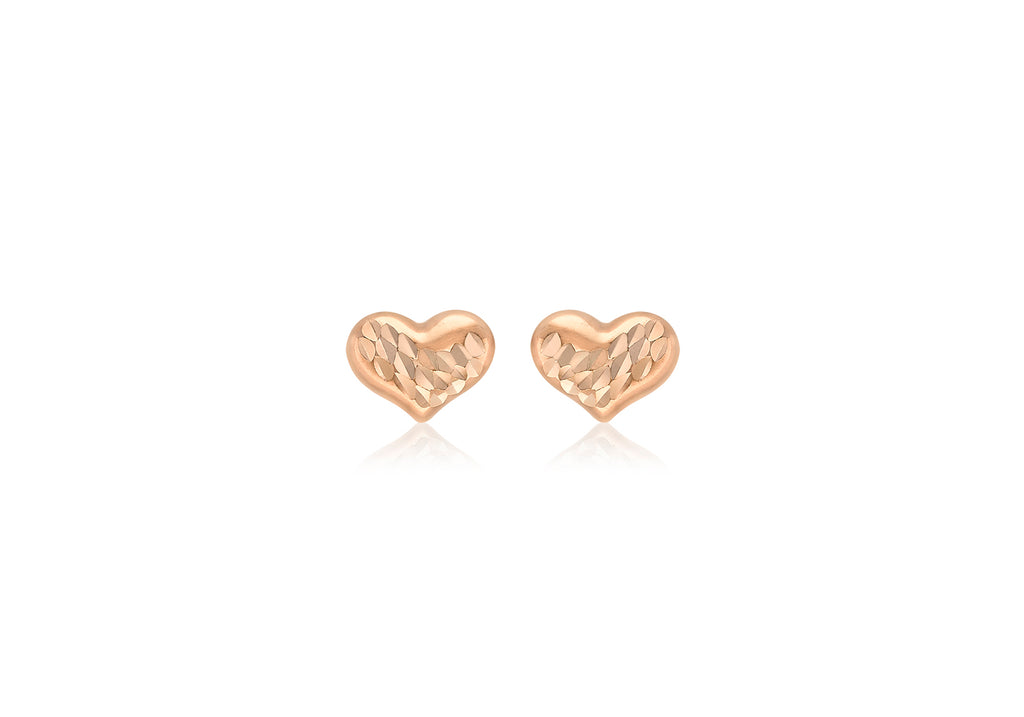 9ct Rose Gold Diamond Cut 7.7mm x 5.9mm Heart Stud Earrings
