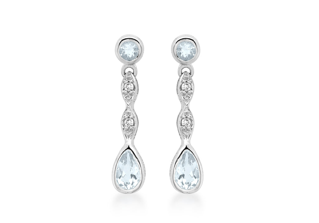 9ct White Gold 0.03t Diamond Aquamarine Drop Earrings