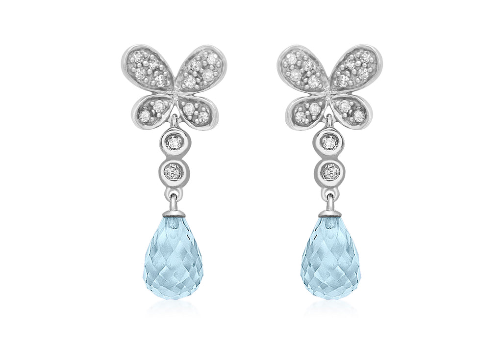 9ct White Gold 0.18ct Diamond Butterfly Blue Topaz Teardrop Earrings
