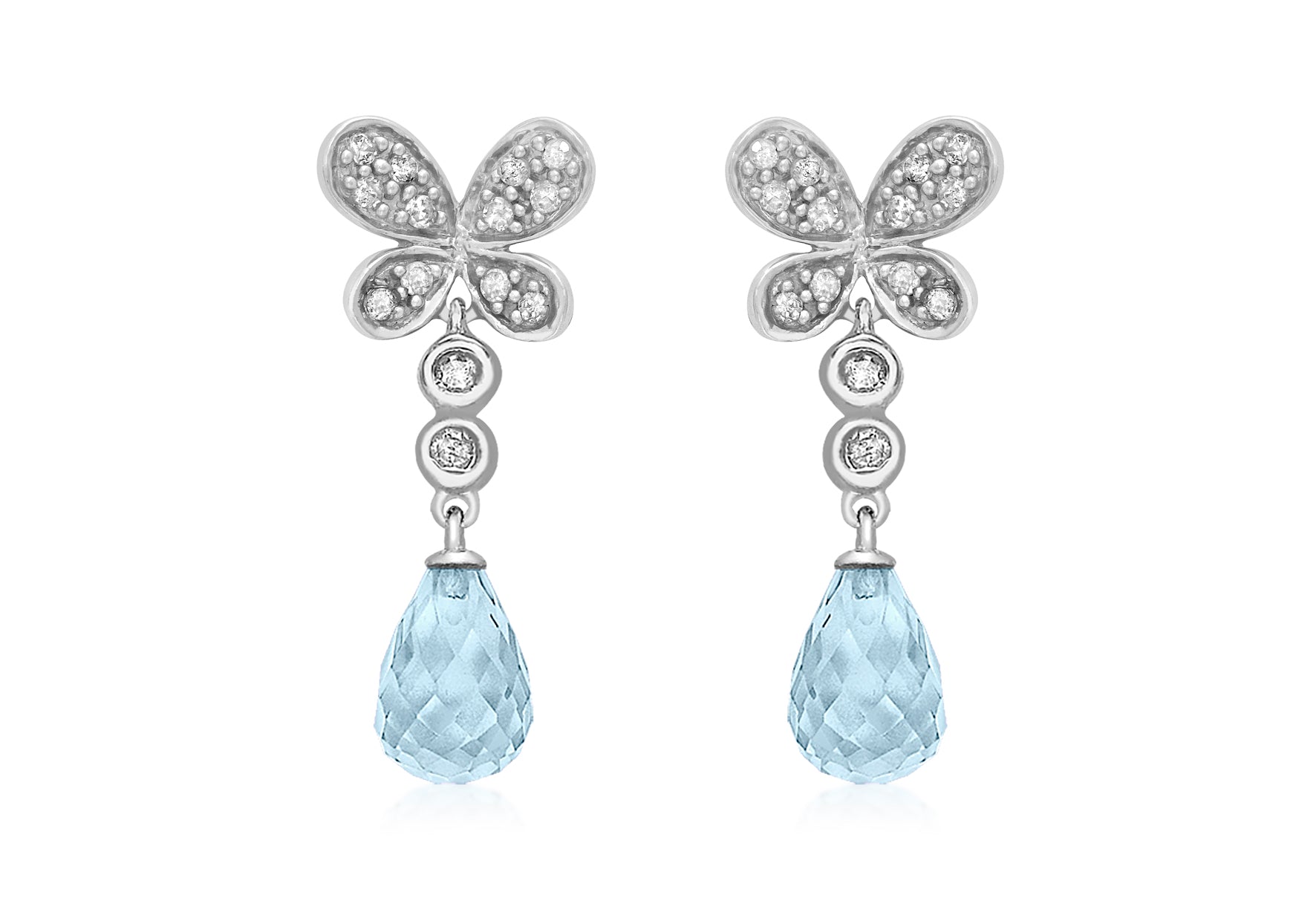 9ct White Gold 0.18ct Diamond Butterfly Blue Topaz Teardrop Earrings